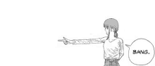 a black and white drawing of a woman pointing at something with a speech bubble that says bang .