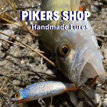 a fish with a lure in its mouth and the words " pikers shop handmade lures " below it