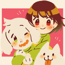 a cartoon drawing of a girl holding a goat and a white dog