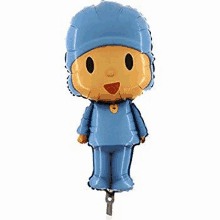 a balloon of pocoyo from the cartoon pocoyo is standing upright on a white background .