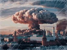 a painting of a nuclear explosion over a city with a castle in the foreground