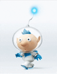 a cartoon character is wearing a white and blue space suit and a helmet .