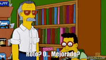 a cartoon character says roto o mejorado in front of a bookcase