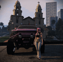 a woman stands in front of a pink truck that says i 'm not a bitch