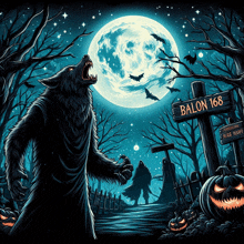 an illustration of a werewolf standing in front of a full moon with a sign that says balon 168