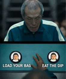 a man pressing a button that says eat the dip