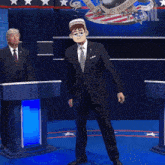 a man in a suit and tie stands in front of a podium that says ' united states of america '