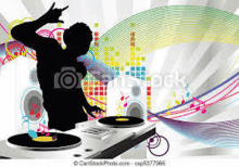 a dj is playing music on a colorful background .