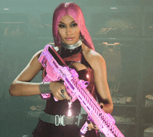 a woman with pink hair is holding a pink rifle