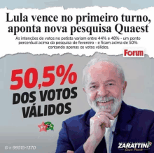 a poster with a man in a suit and the words " lula vence no primeiro turno aporta nova pesquisa quaest "