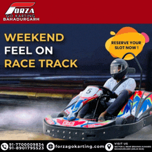 an advertisement for forza go karting shows a man riding a go kart