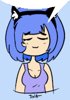 a drawing of a girl with blue hair and a speech bubble that says jna on it