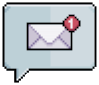 a pixel art illustration of an envelope with a red notification with the number 1 on it .