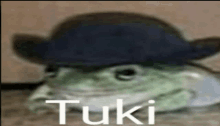 a frog wearing a black hat with the word tuki written on it