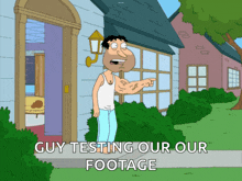 a cartoon of a man pointing at something with the words guy testing our our footage below him