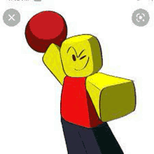 a yellow and red roblox character is holding a red ball .