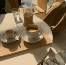 two cups of coffee and a glass of water are on a table .