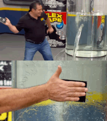 a man dancing in front of a flex tape box