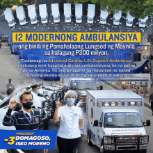 a poster for president domagoso isko moreno shows a row of ambulances