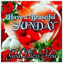 a have a beautiful sunday god bless you greeting card with a heart and roses .