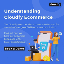 an advertisement for cloudfy ecommerce shows a man sitting on a box using a laptop and a woman holding a megaphone