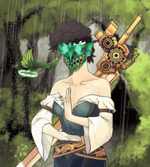 a drawing of a woman with a green mask and a sword