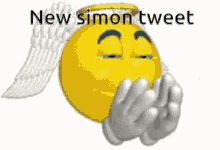 a yellow smiley face with wings and the words new simon tweet