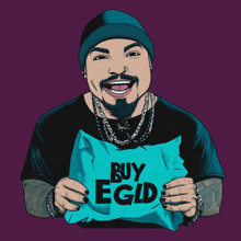 a cartoon of a man holding a blue bag that says buy egld