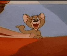 jerry from tom and jerry is smiling and waving his hand .