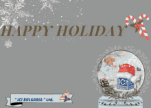 a happy holiday greeting card with a snow globe