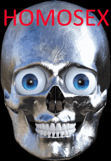 a cartoon skull with blue eyes and the word homosex written on it