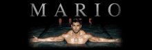 a shirtless man is swimming in a pool with mario written on the bottom