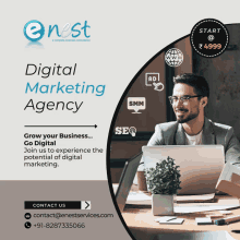 an ad for a digital marketing agency with a man sitting at a desk