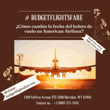 an advertisement for budget flights fare shows an airplane taking off