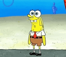 a cartoon character named spongebob is wearing a tie and standing on the beach .