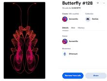 butterfly # 128 is on sale for 0.003 eth and has a blue share button