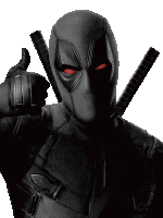 a man in a black deadpool costume giving a thumbs up