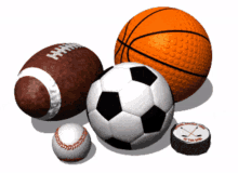 a group of sports balls including a soccer ball a baseball and a basketball