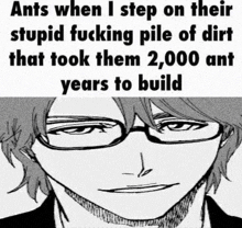 ants when i step on their stupid fucking pile of dirt that took them 2.000 ant years to build .