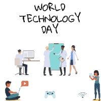 a poster for world technology day with a man sitting on the floor