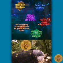 a poster that says based on cardano great for planet rejuvenating etherical values of benin bronze head pioneering ouroboros protocol