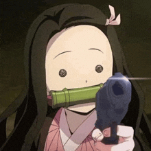 a girl from demon slayer is holding a gun with a bamboo pipe in her mouth .