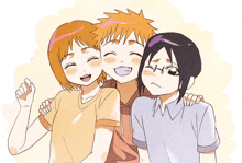 three anime characters are posing for a picture and one of them has a sad look on his face