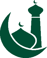 a green silhouette of a mosque with a crescent moon in the background