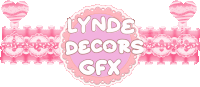 a logo for lynde decors gfx with pink ribbons and hearts