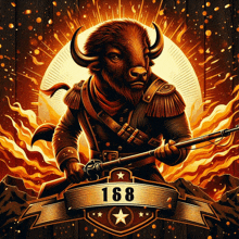 an illustration of a bull holding a rifle with the number 168 on it