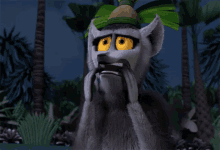 a cartoon lemur with yellow eyes and a green hat on