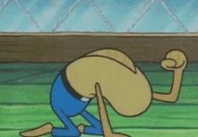 a cartoon character from spongebob squarepants is kneeling down with his head in his hands .