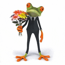 a frog is wearing a suit and tie and holding a bouquet of flowers .