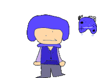 a drawing of a person wearing a blue helmet and a purple vest